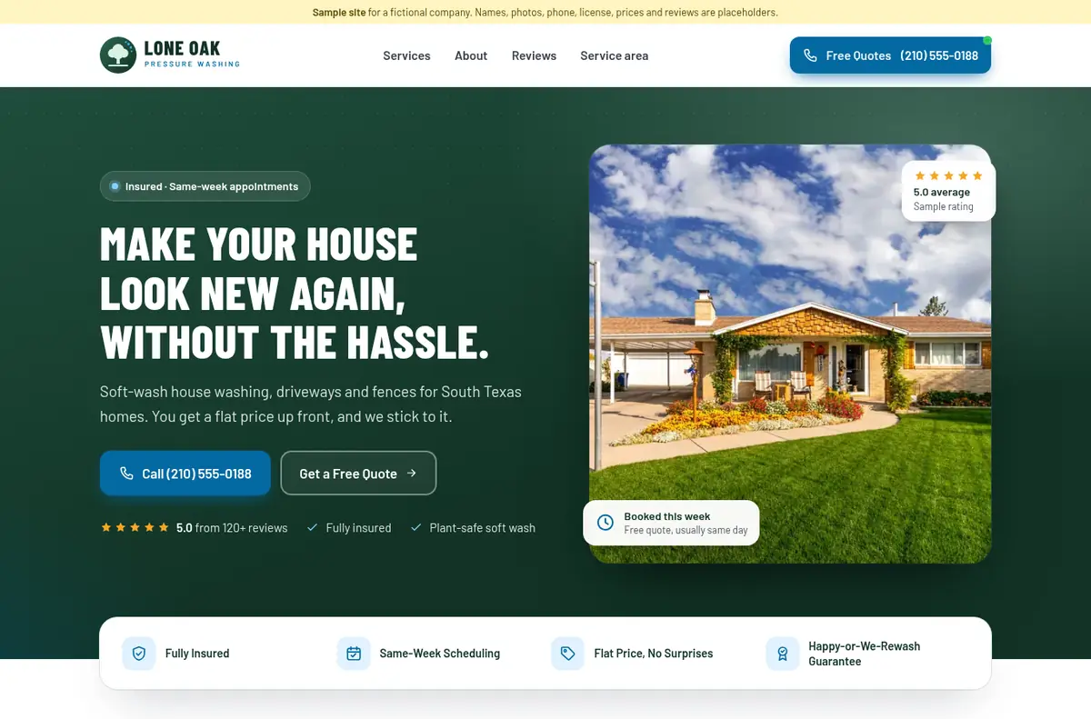 Lone Oak Pressure Washing demo site, desktop view