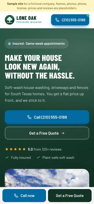 Lone Oak Pressure Washing demo site, phone view