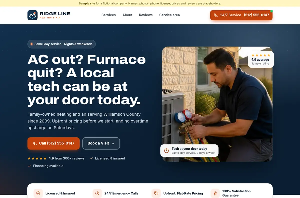 Ridge Line Heating & Air demo site, desktop view