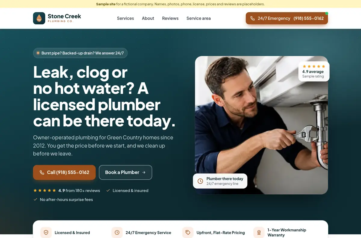 Stone Creek Plumbing Co. demo site, desktop view
