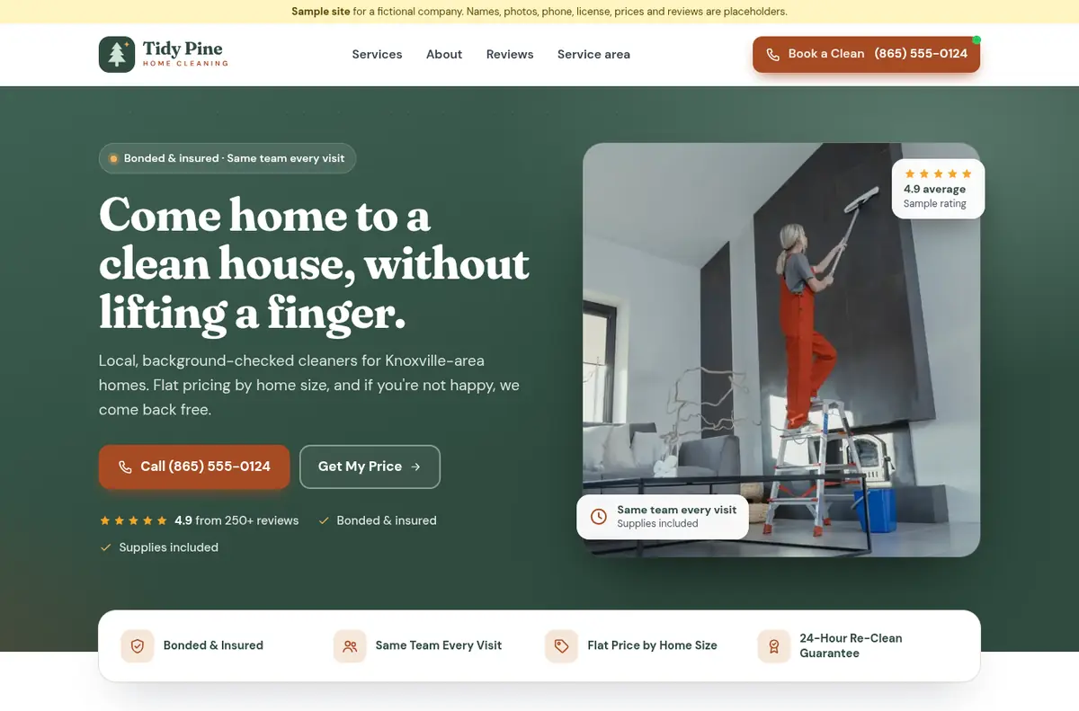 Tidy Pine Home Cleaning demo site, desktop view